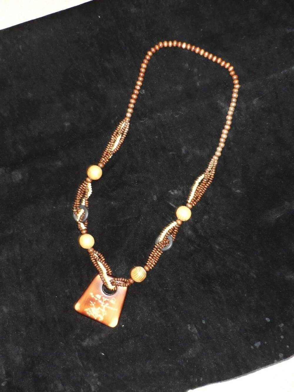 Wooden Bead Necklace with Geometric Square long-15"